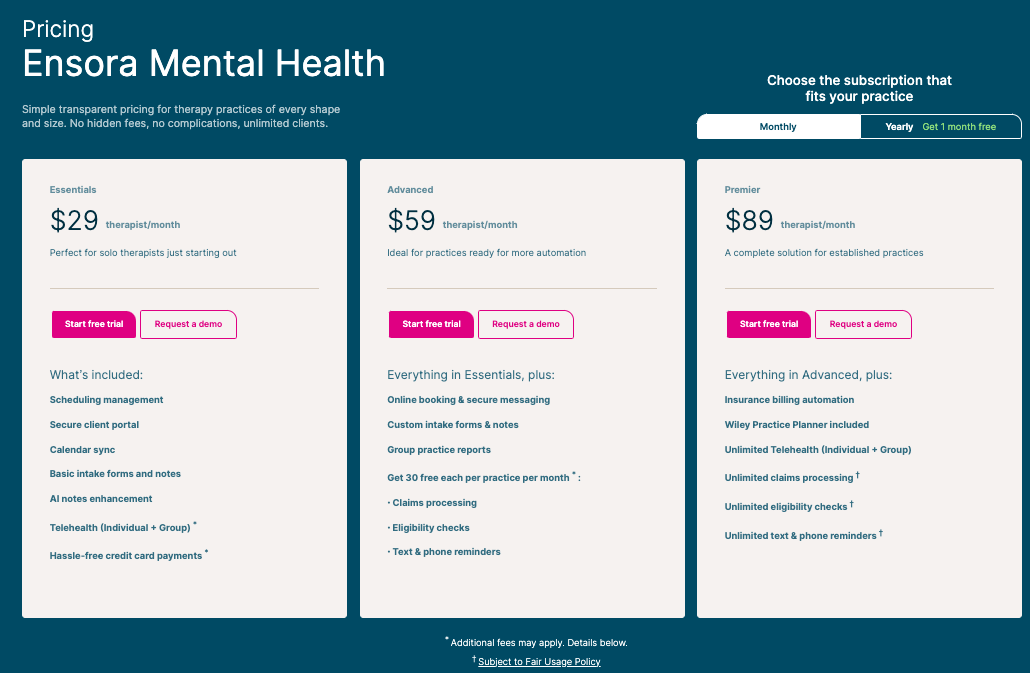 Ensora Mental Health (formerly TheraNest) pricing