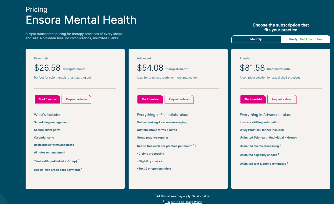 Ensora Mental Health (formerly TheraNest) pricing