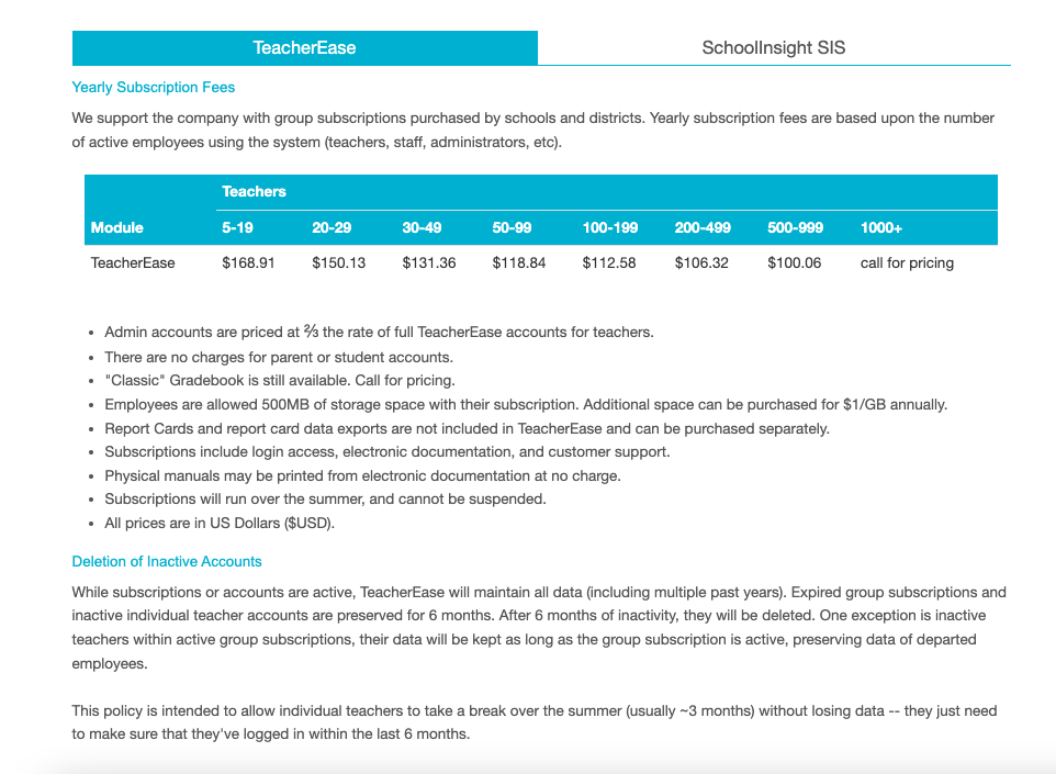 TeacherEase pricing