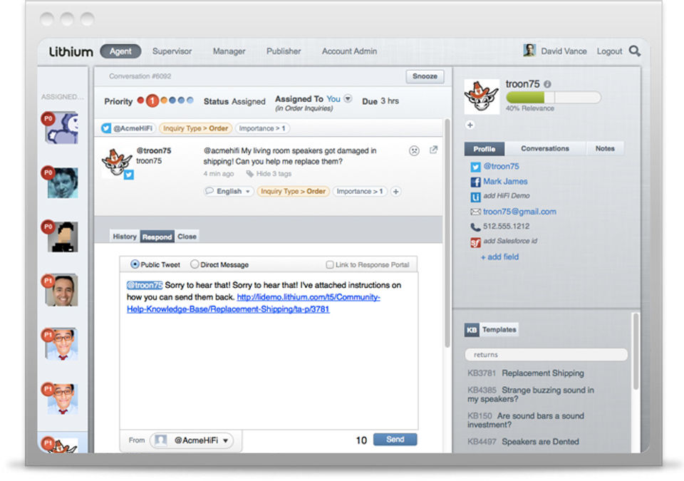 Lithium screenshot: Sending responses in Lithium