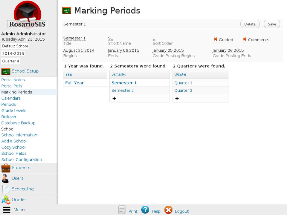 RosarioSIS : Marking Periods Setup screenshot