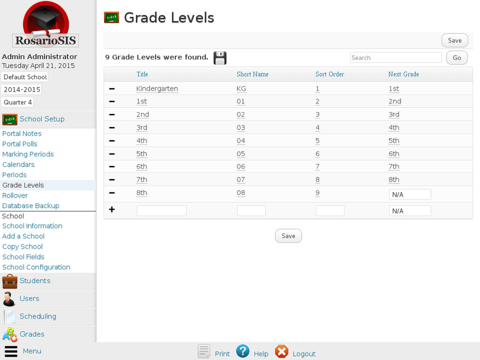 RosarioSIS : Grade Levels Setup screenshot