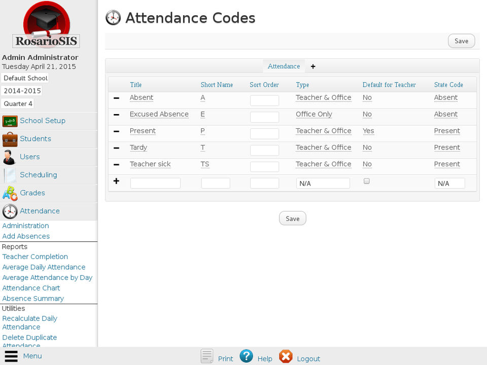 RosarioSIS : Attendance Codes Setup screenshot
