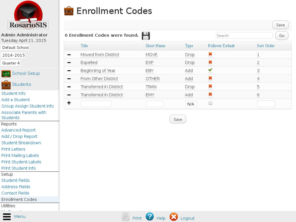 RosarioSIS : Student Enrollment Codes Setup screenshot