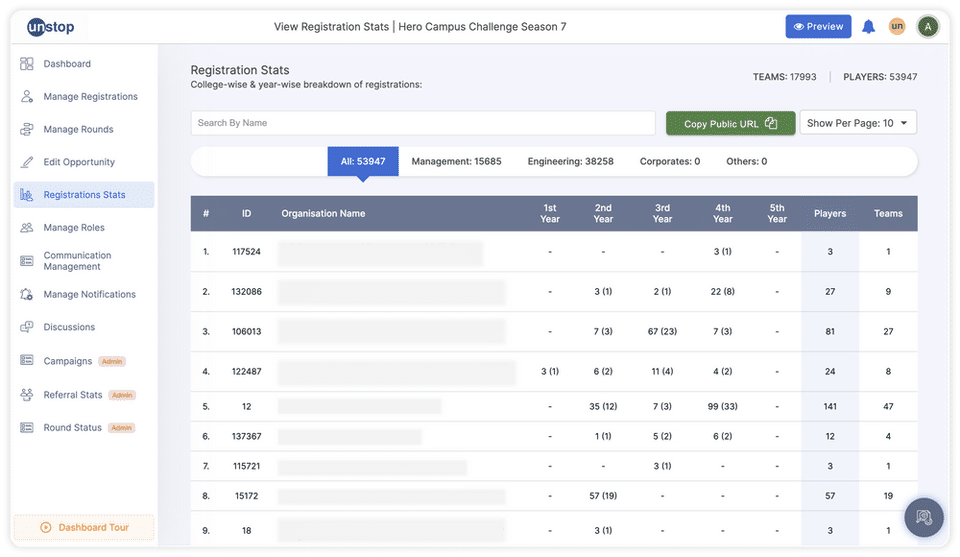 Registrations screenshot