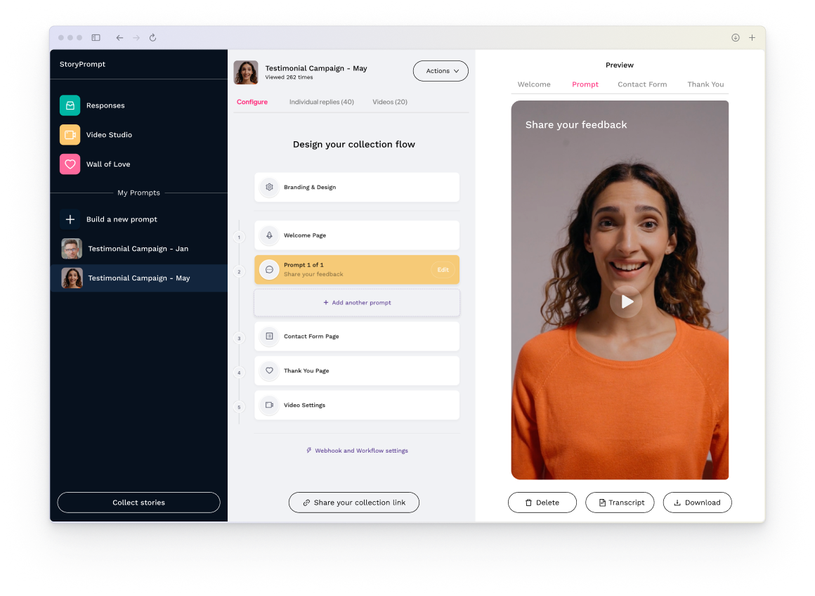 StoryPrompt testimonial collection in the browser