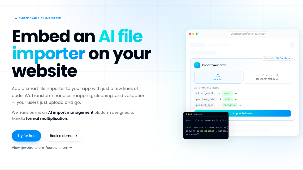Embed an AI file importer on a B2B SaaS website in a few lines of code.