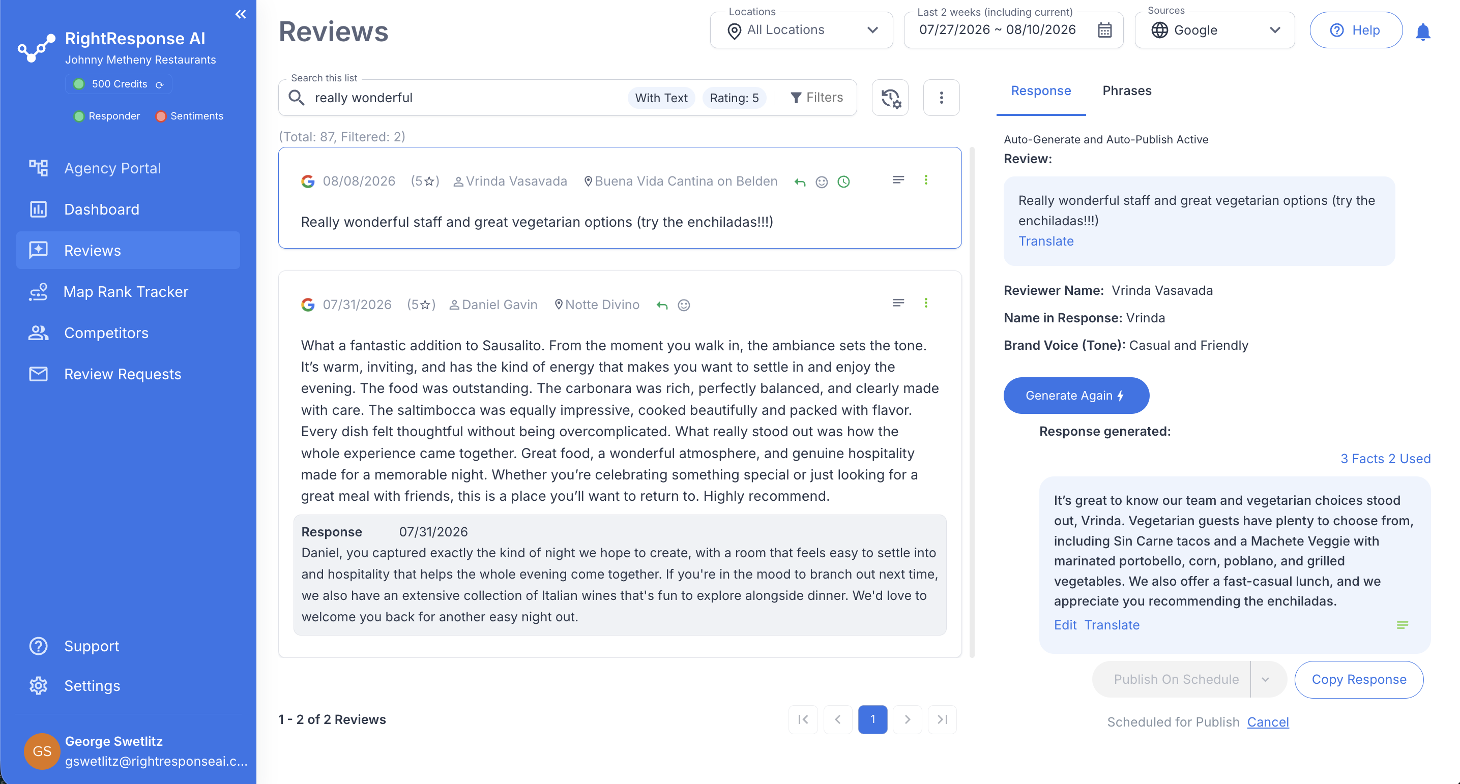 Multi-agent review response workflow with review context, AI response generation, approval, and scheduled publishing.