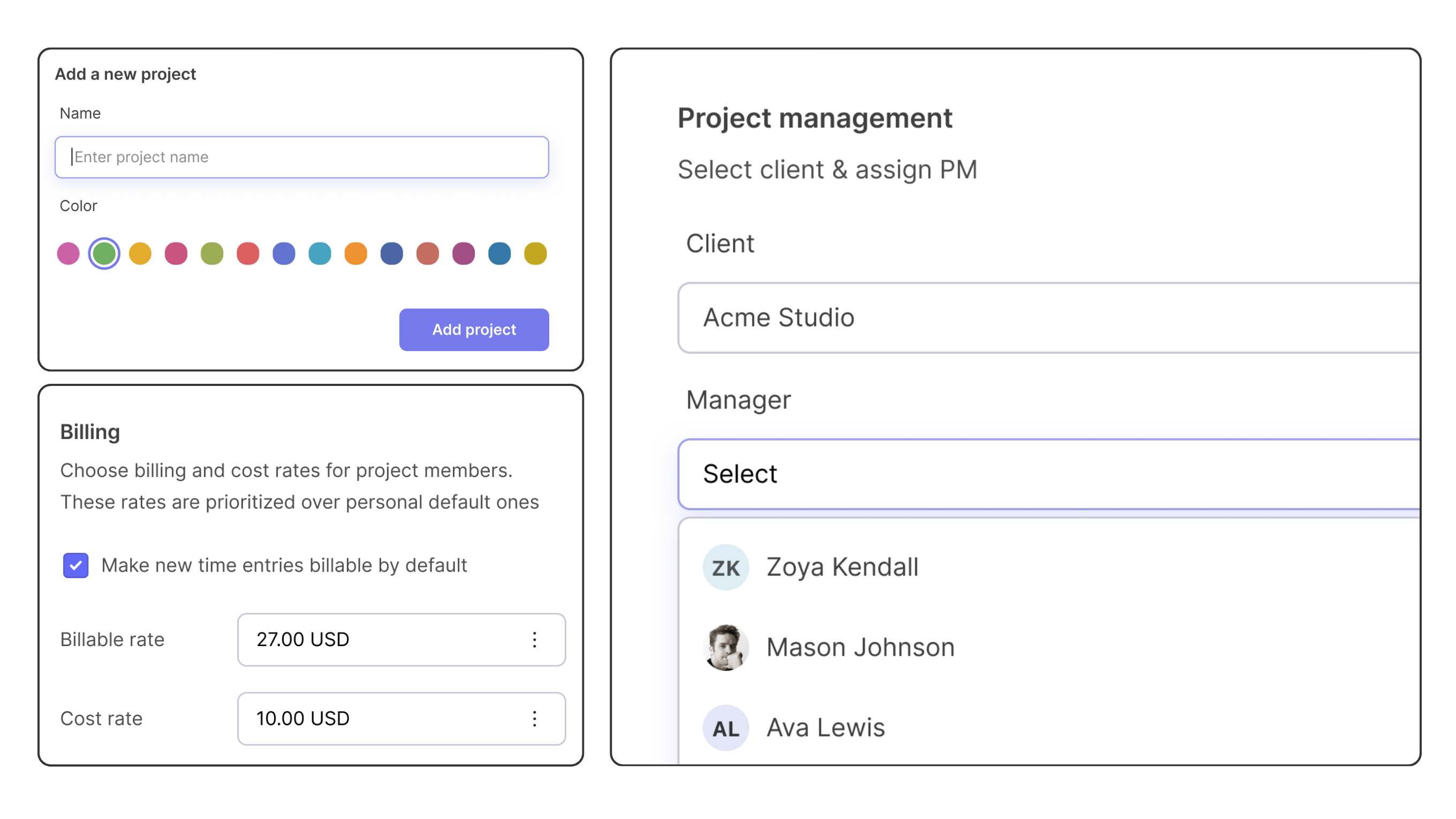 Create projects with names and colors, set billing and cost rates, link clients, and assign project managers.