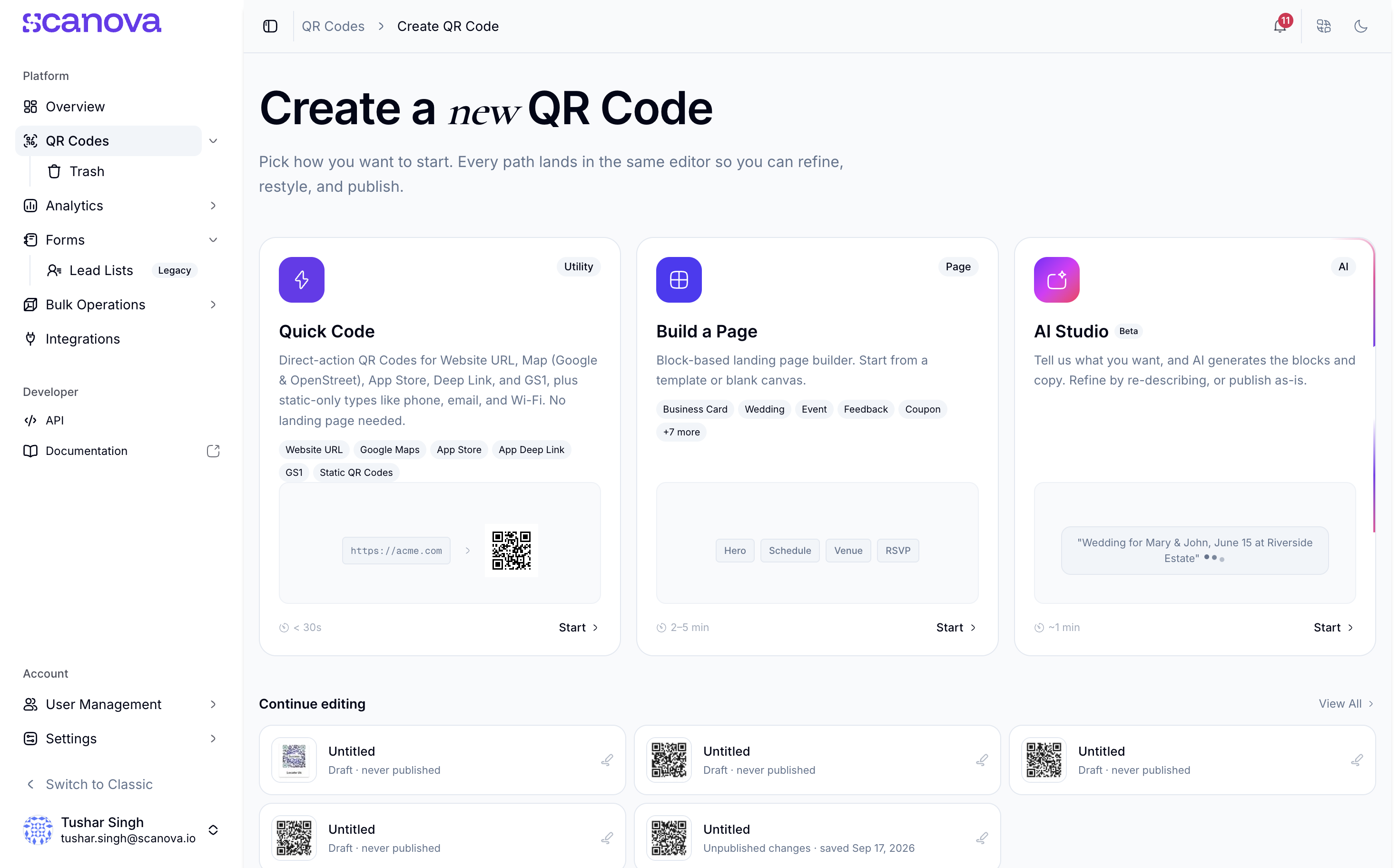 Create a QR Code three ways: Quick Code for direct links, Build a Page for a landing page, or AI Studio to generate one with AI.