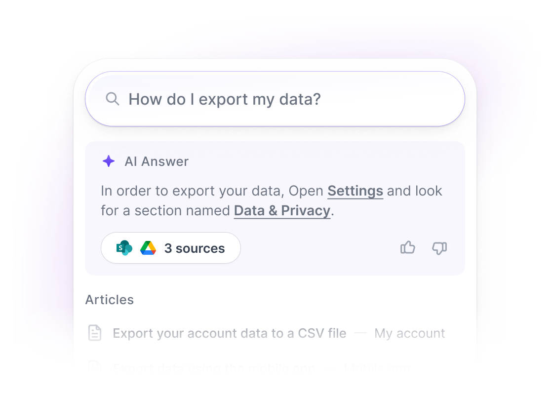 Elium AI search answering a question from verified company knowledge, with sources