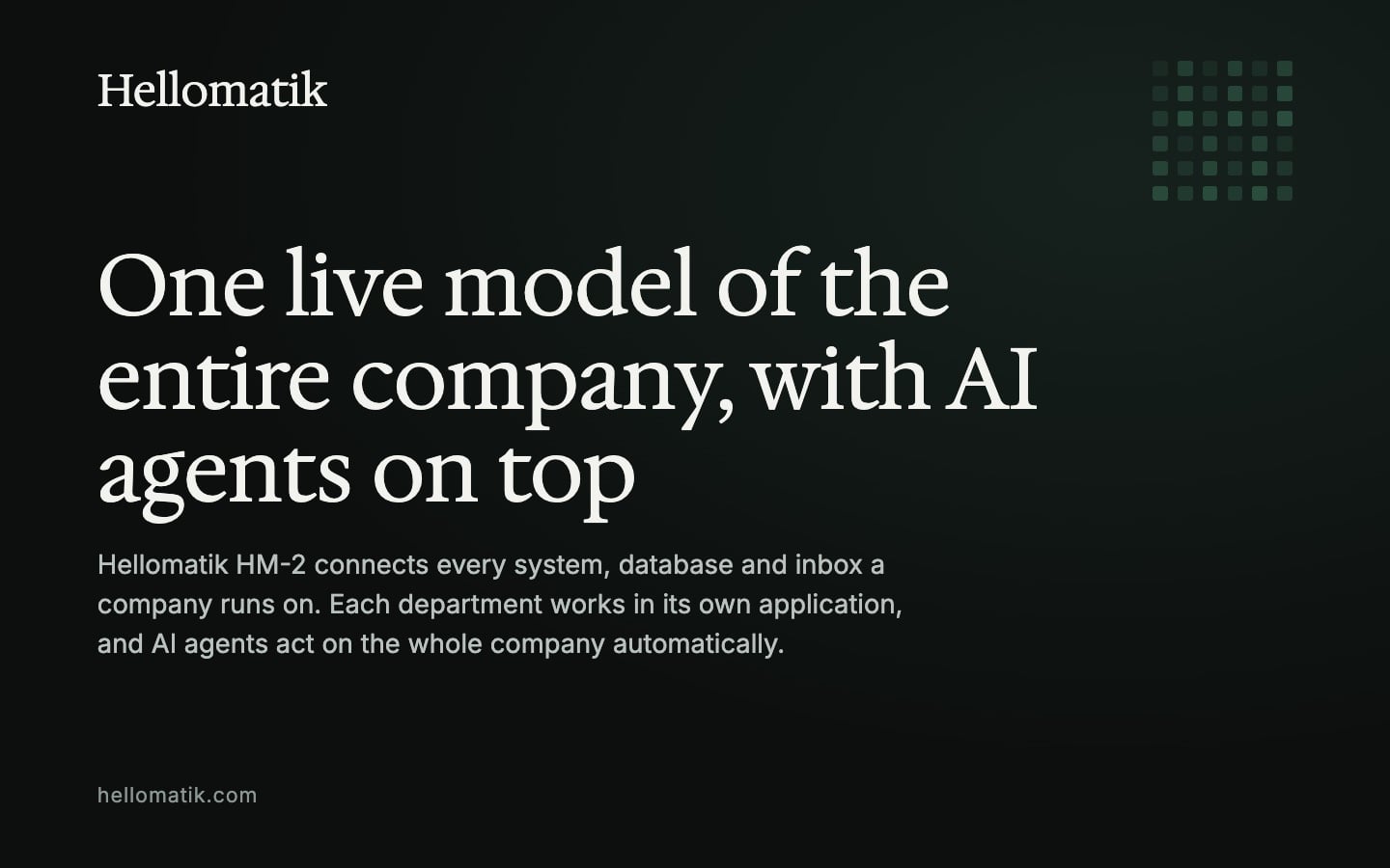 Hellomatik HM-2: one live model of the entire compay, with AI agents on top