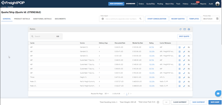 Multi-Carrier Rate Shopping: Our quote page offers full visibility into carrier options, including services, delivery timelines, discounted rates, and customer ratings. Quickly compare and select the best shipping option for your needs, all in one place.