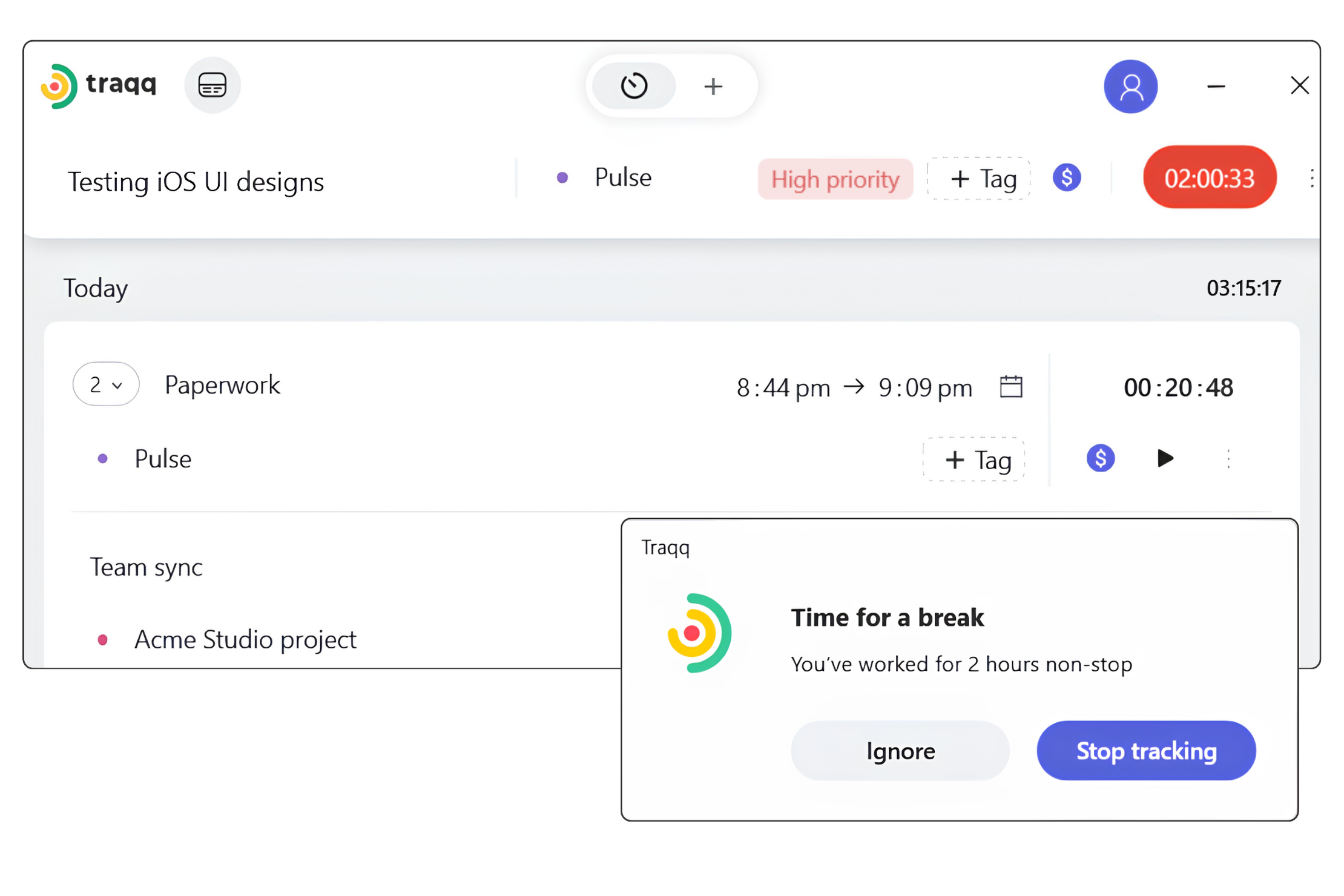 Track time through desktop apps for Windows and macOS and set notifications and reminders.