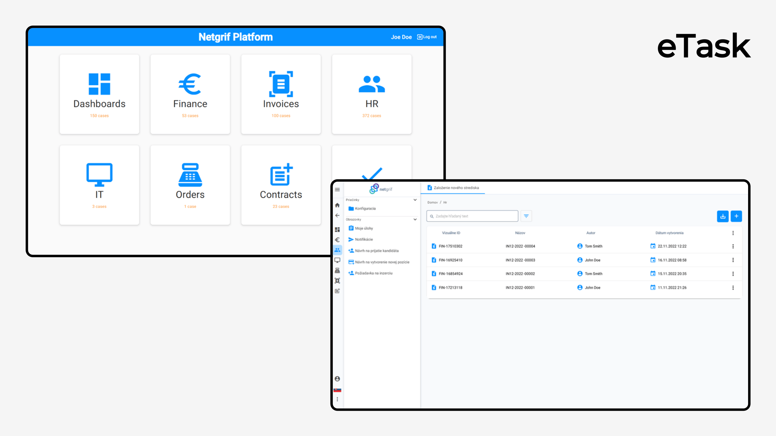eTask portal - GUI for logged users