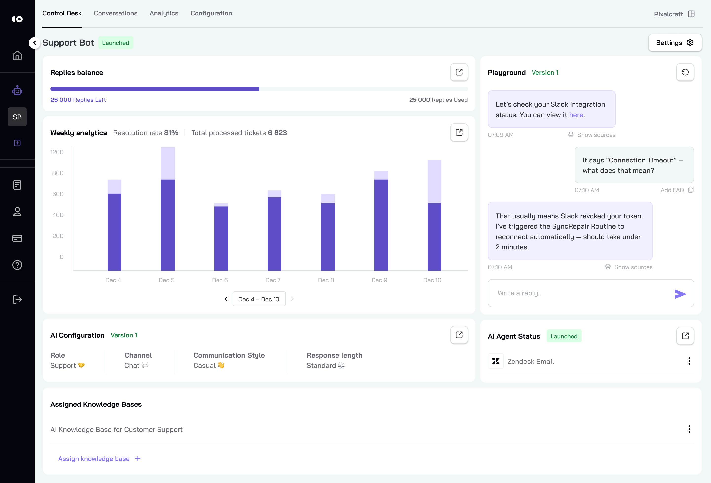 CoSupport AI Control Desk showing AI agent performance and live conversations inside Zendesk