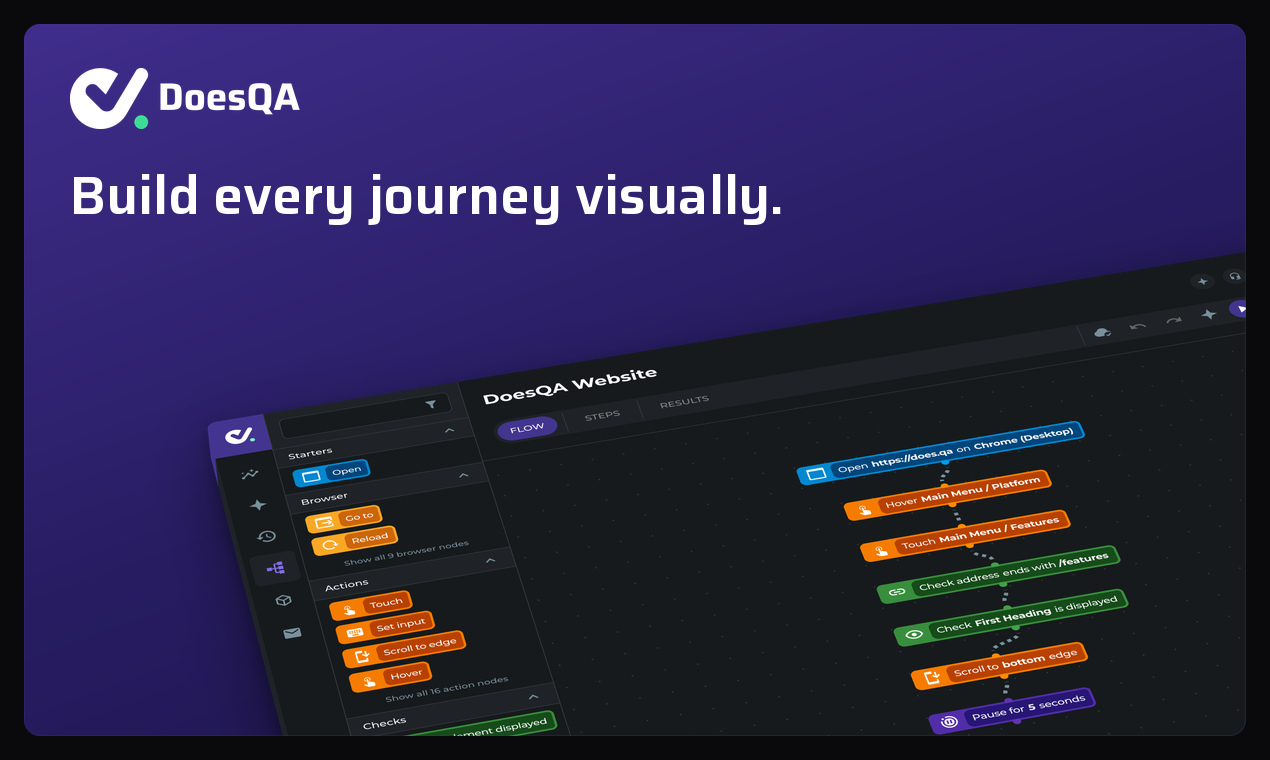 DoesQA flow builder: visual canvas for building end-to-end tests without code
