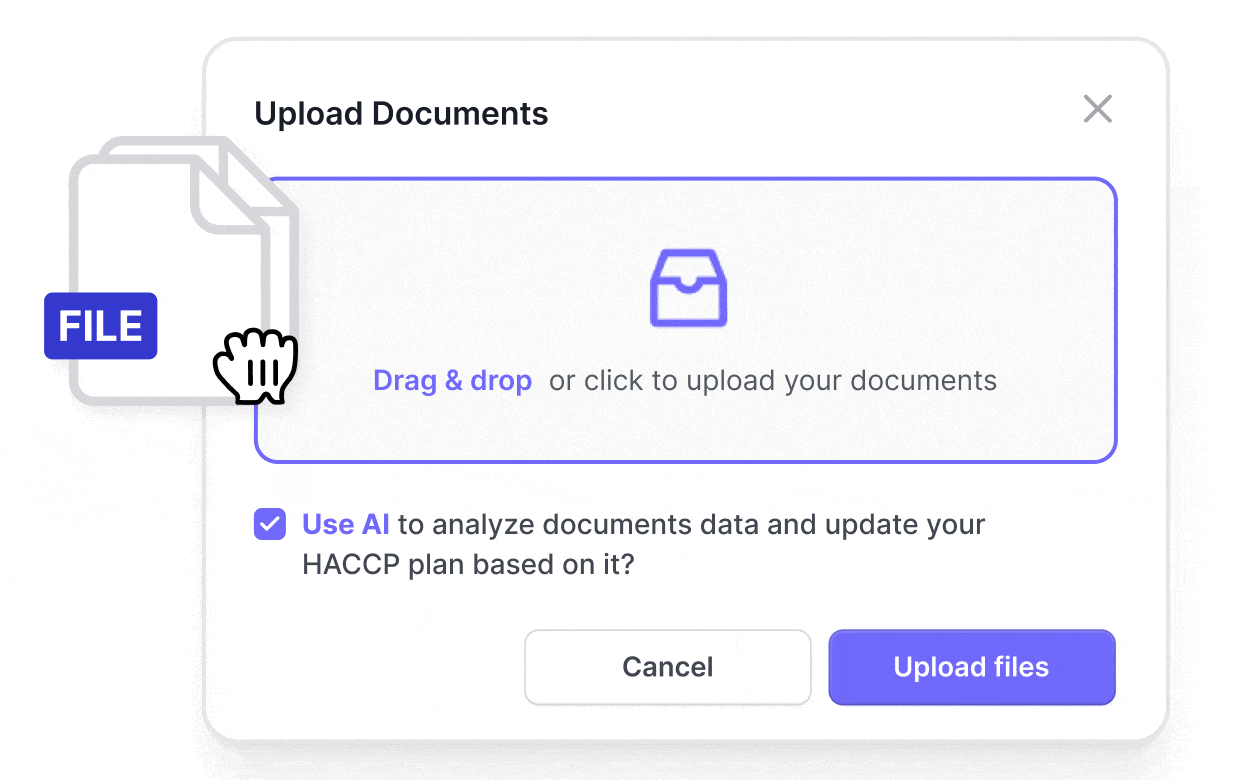IONI document upload screen for automated HACCP plan and compliance document analysis