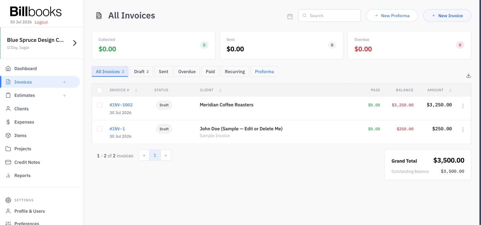A clean invoice management dashboard displaying all invoices with status labels, client details, outstanding balances, payment amounts, and a summary panel for grand total and outstanding balance making statuses, balances, and totals easy to view.
