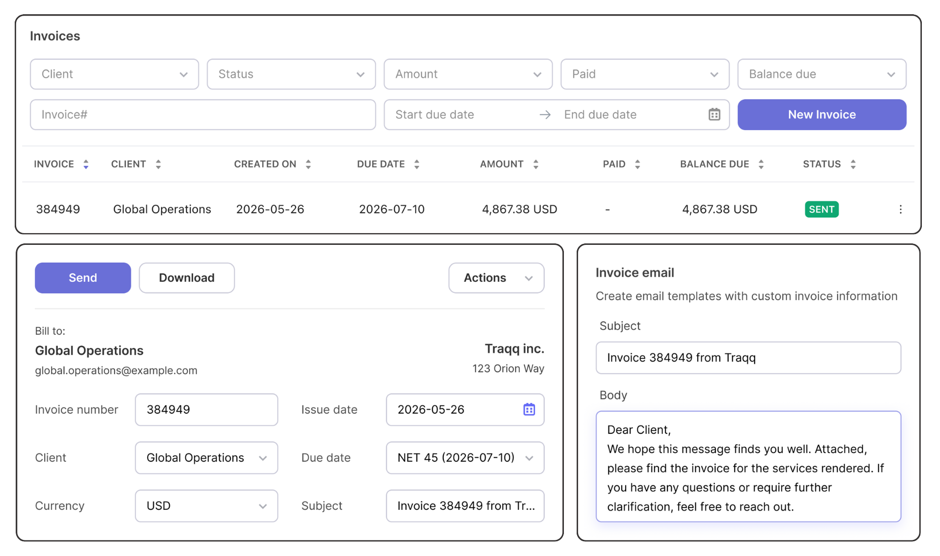 Create and manage invoices, track statuses, due dates, balances, and payments, and generate invoices from billable time.