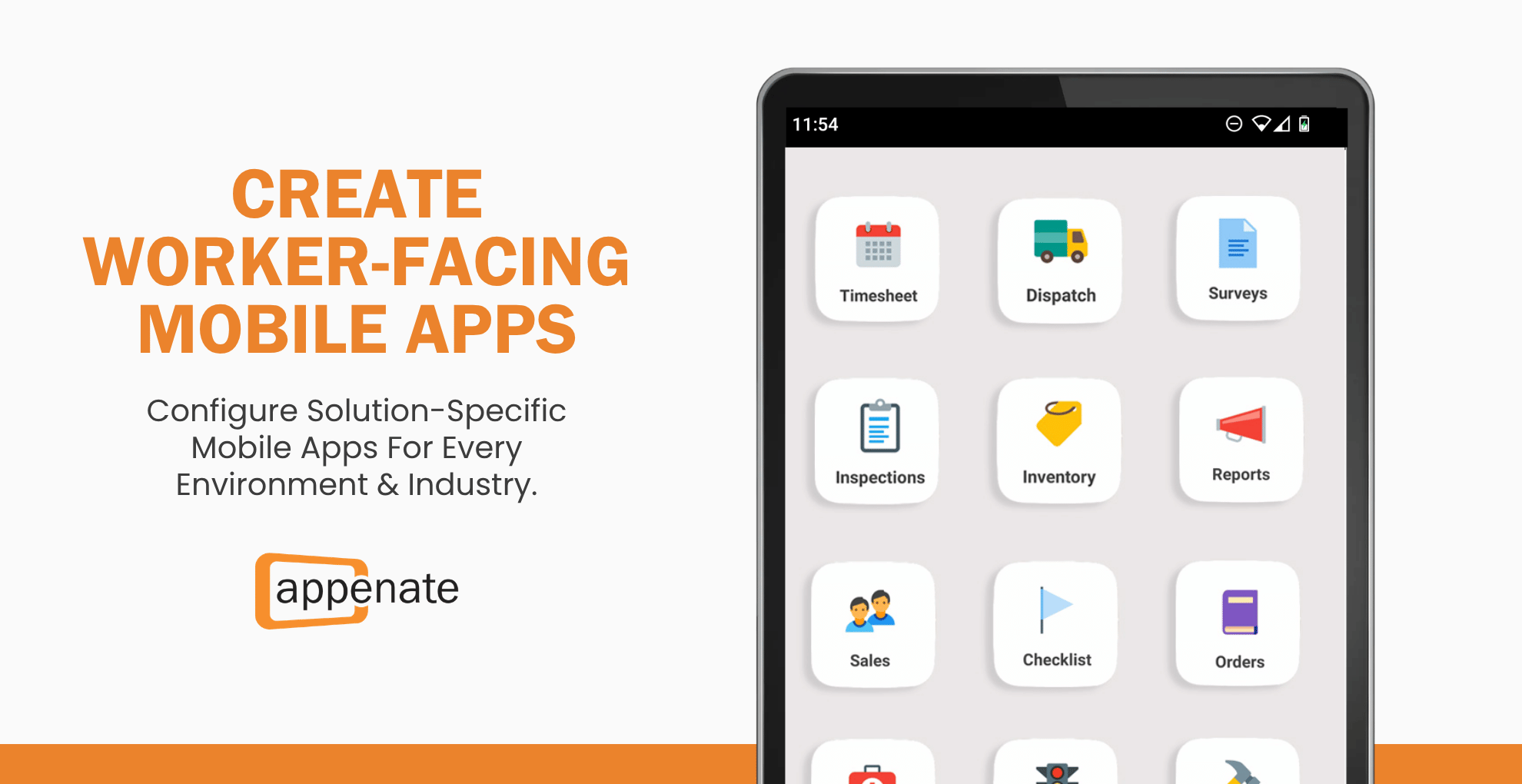 Appenate platform showcasing a smartphone interface with configurable worker-facing mobile apps for tasks like timesheets and inspections.